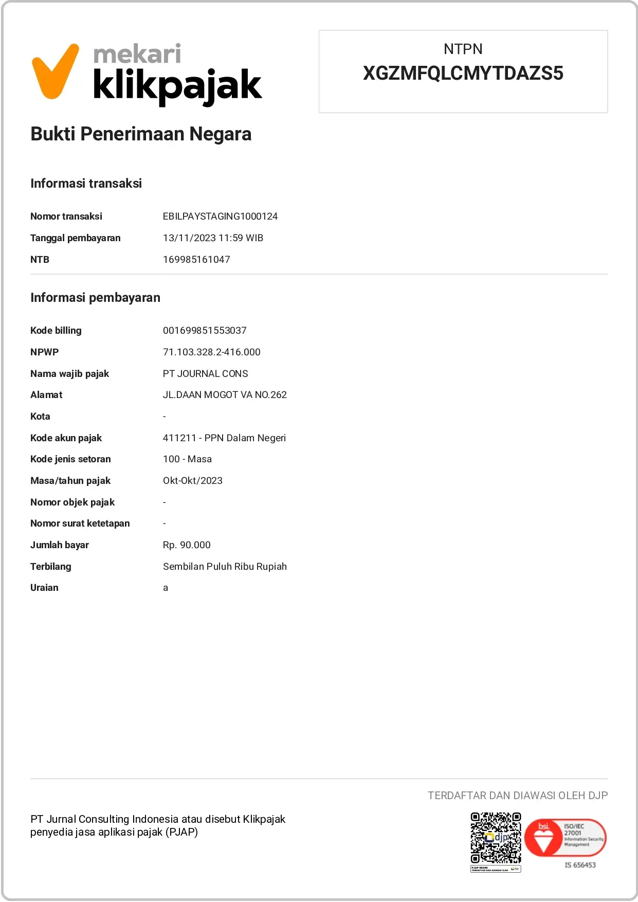Contoh NTPN atau Nomor Transaksi Penerimaan Negara