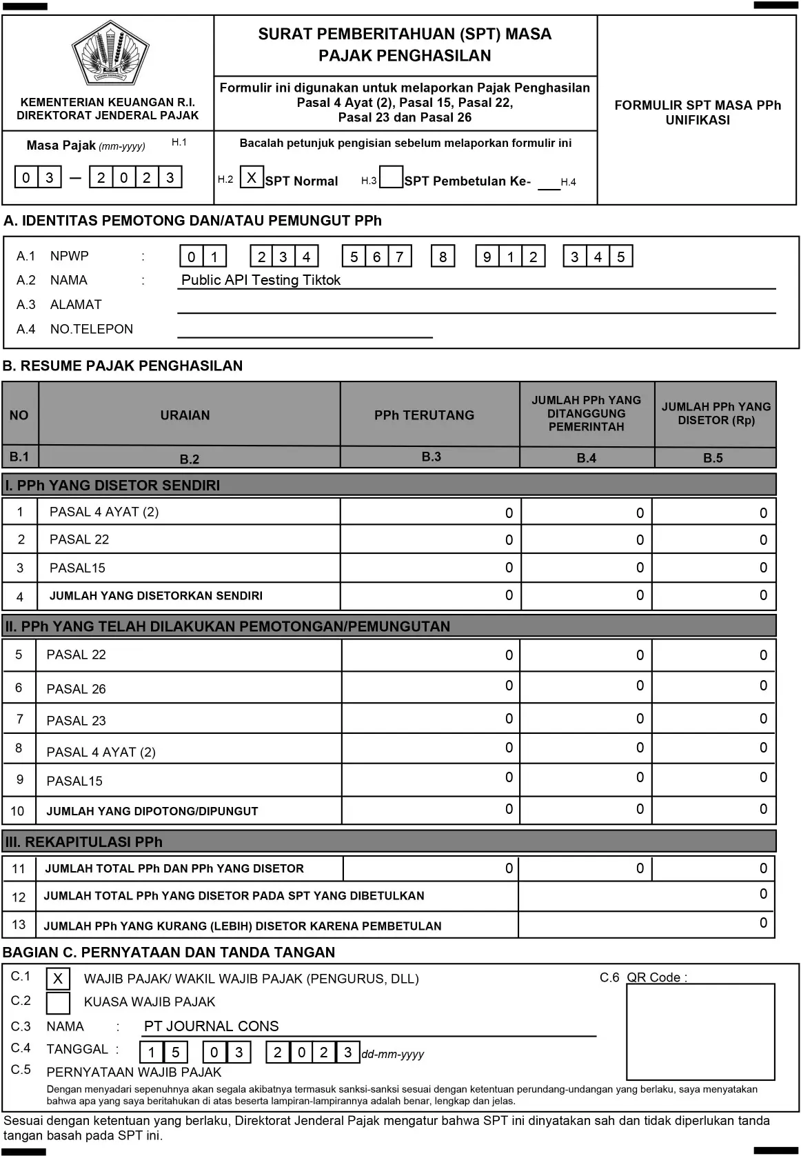 Contoh SPT Badan PPh Masa Unifikasi