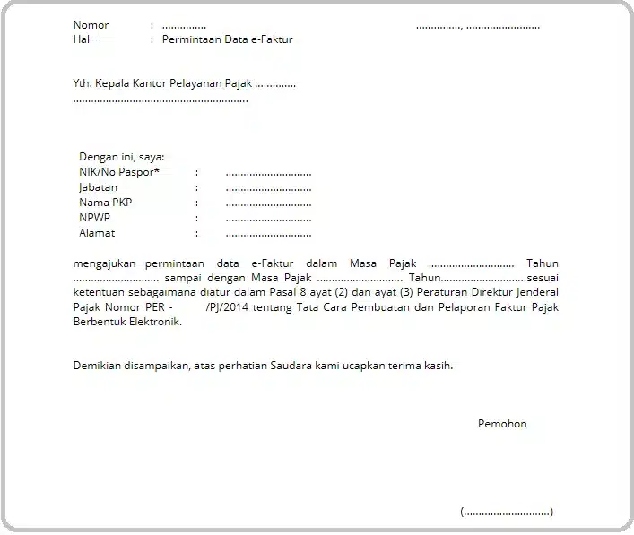 Contoh Formulir Permintaan Data eFaktur saat Data e-Faktur Hilang