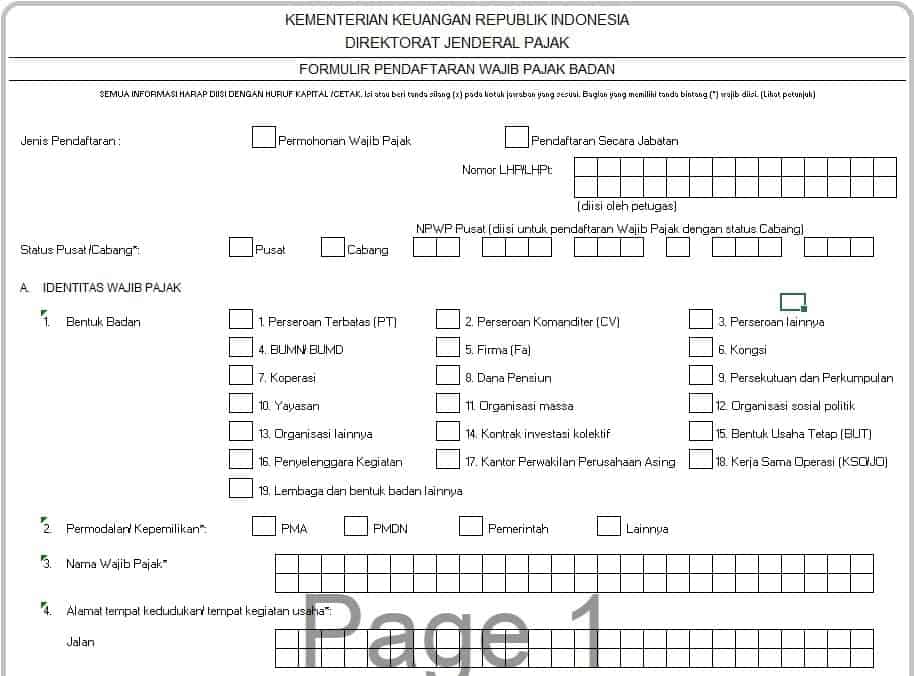 Contoh Formulir Syarat Untuk Pembuatan NPWP Badan