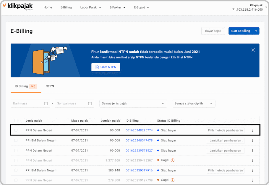 Cara Bayar Pajak Terutang di Halaman SPT PPN e-Faktur Klikpajak