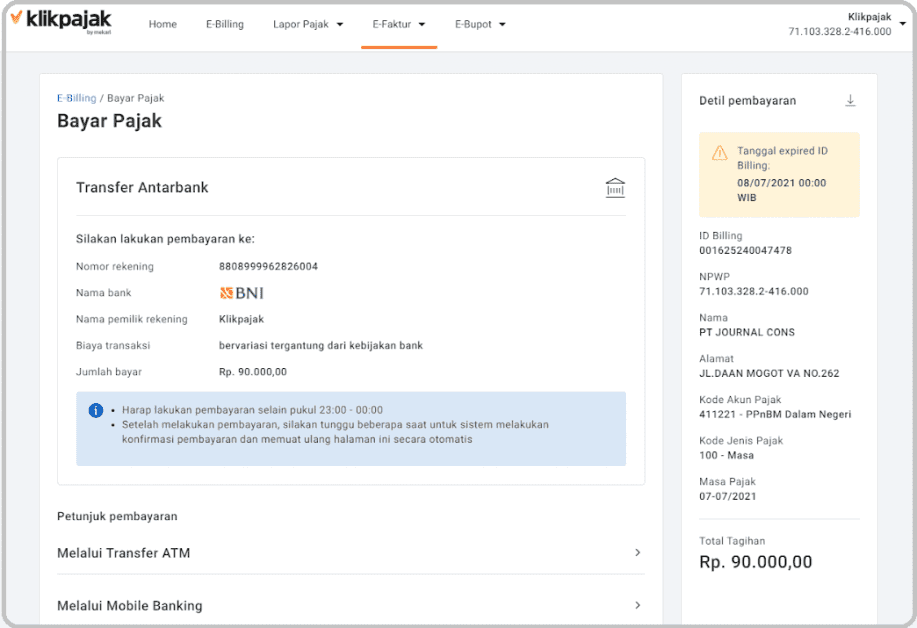 Cara Bayar Pajak Terutang di Halaman SPT PPN e-Faktur Klikpajak