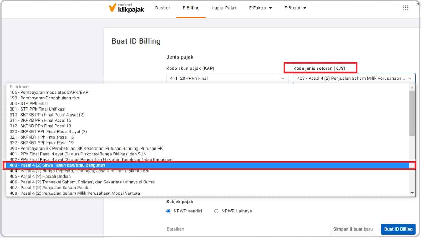 Cara Buat e Billing PPh Pasal 4 Ayat 2 atau membuat kode billing PPh Final
