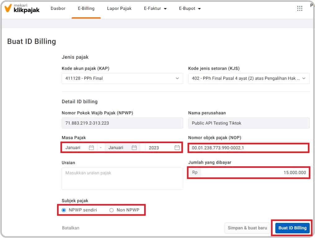 Cara Buat e Billing PPh Pasal 4 Ayat 2 atau membuat kode billing PPh Final