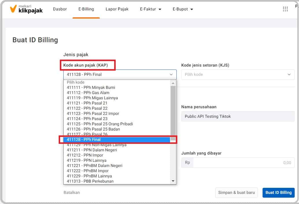 Cara Buat e Billing PPh Pasal 4 Ayat 2 atau membuat kode billing PPh Final
