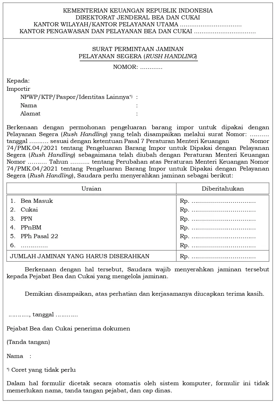 Surat Jaminan RUsh Handling